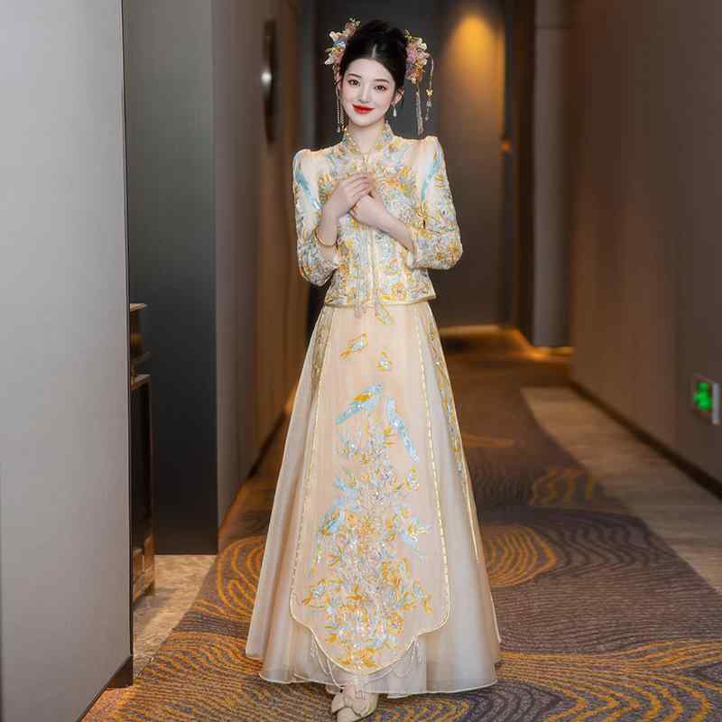 秀禾服 レディース 中国風 花嫁衣装 ウェディングドレス ブライダル ロング丈 立襟 軽やか 高級感 エレガント 個性派 フォーマル 春夏 披露宴 お色直し パーティー グリーン系 デザイン性