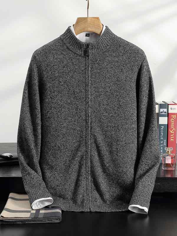 ニット カーディガン メンズ 男性 秋冬 カシミヤ ウール 高級感 厚手 肉厚 ハーフジップ モックネック スタンドカラー ルーズフィット ビッグシルエット アウター 羽織り グレー ブラウン 普段使い カジュアル きれいめ