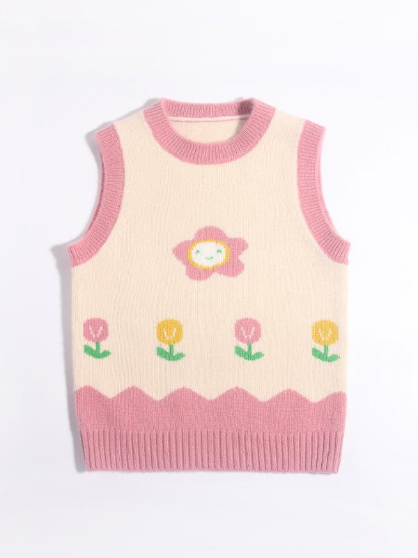 キッズ ベビー 女の子 純カシミヤ クルーネック ニット ベスト ジレ 花柄 フラワー 厚手 あったか 柔らかい ソフトタッチ 親子コーデ 秋冬 ピンク カジュアル かわいい|ふんわり暮らし鞄店