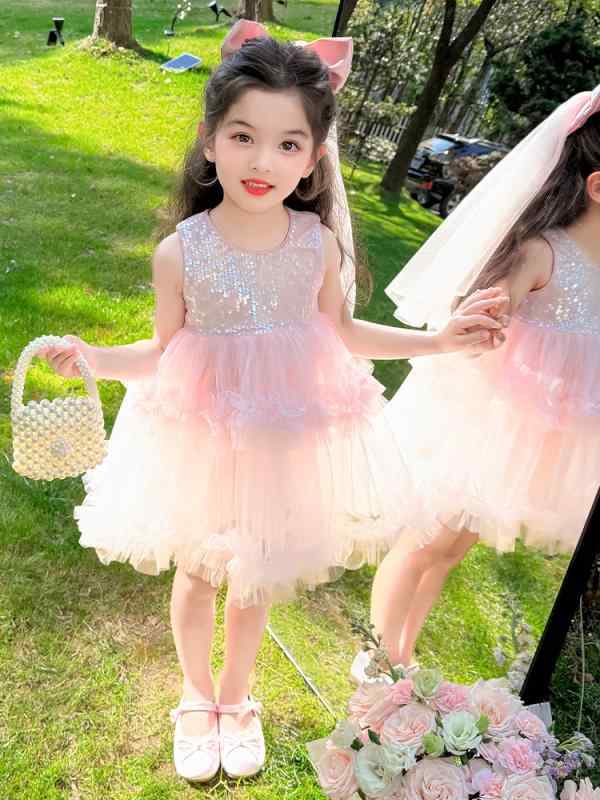 ワンピース 女の子 キッズ 夏 プリンセスドレス スパンコール チュール ノースリーブ ふんわり フォーマル 発表会 結婚式 綿混 かわいい おしゃれ 子供服