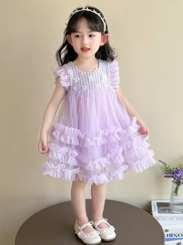 ワンピース 女の子 ベビー キッズ 女児 夏 サマー フリル袖 ノースリーブ プリンセスライン チュール フレア ポリエステル おしゃれ かわいい トレンド ピンク パープル