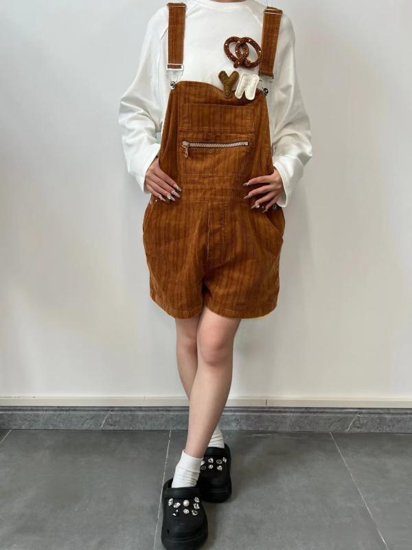 サロペット レディース オーバーオール ハーフパンツ ゆったり ハイウエスト ジップポケット ウォッシュ加工 ストレッチ コーデュロイ 綿 ブラウン 春夏 カジュアル フェミニン 大人可愛い