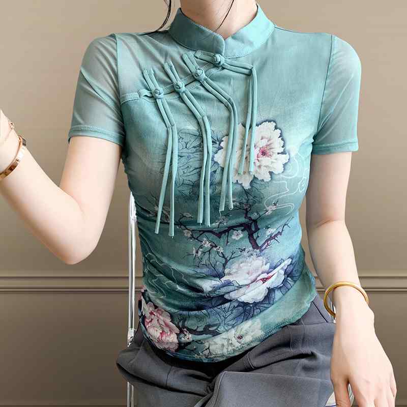 Tシャツ レディース デザイン性 高級感 中国風 チャイナボタン 立ち襟 半袖 花柄プリント メッシュ シースルー スリムフィット 春夏 カットソー 普段使い カジュアル