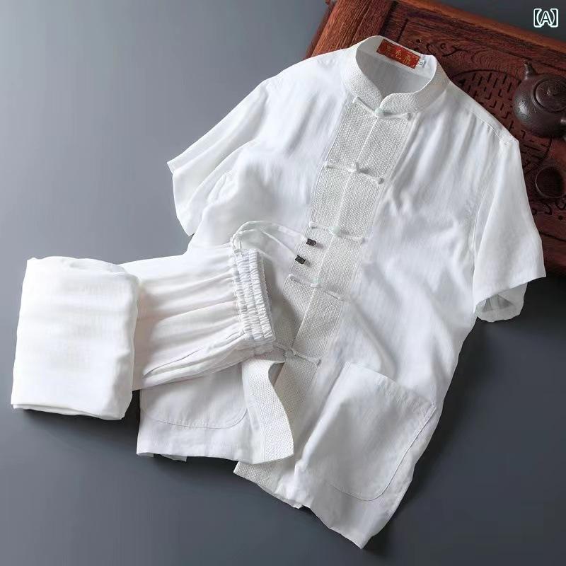 セットアップ メンズ 春夏 綿麻 半袖 唐装 瀬戸もの服  刺しゅう 飾りつけ名取り草 心地よい お部屋着 冷やりとした 父の日 敬老の日 差し上げ物 差し上げ物