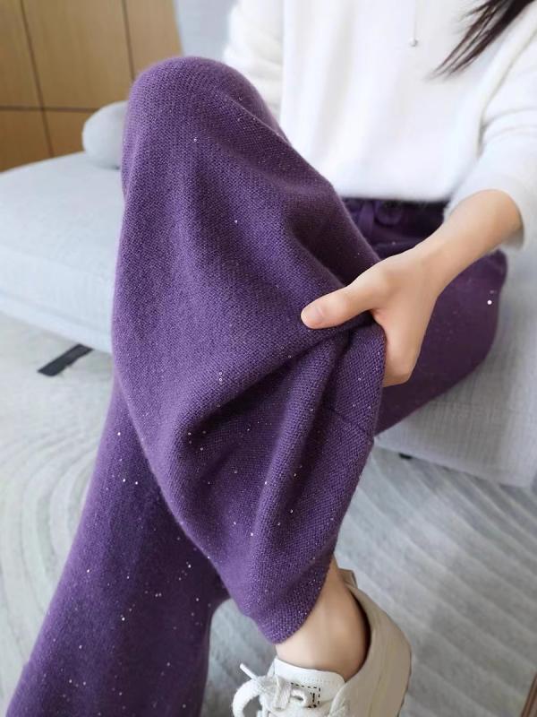 パンツ レディース ワイド ウールニット 超ロング丈 ドレープ 落ち感 厚手 ラメ ウエストゴム 秋冬 通勤 オフィス カジュアル きれいめ トラウザー