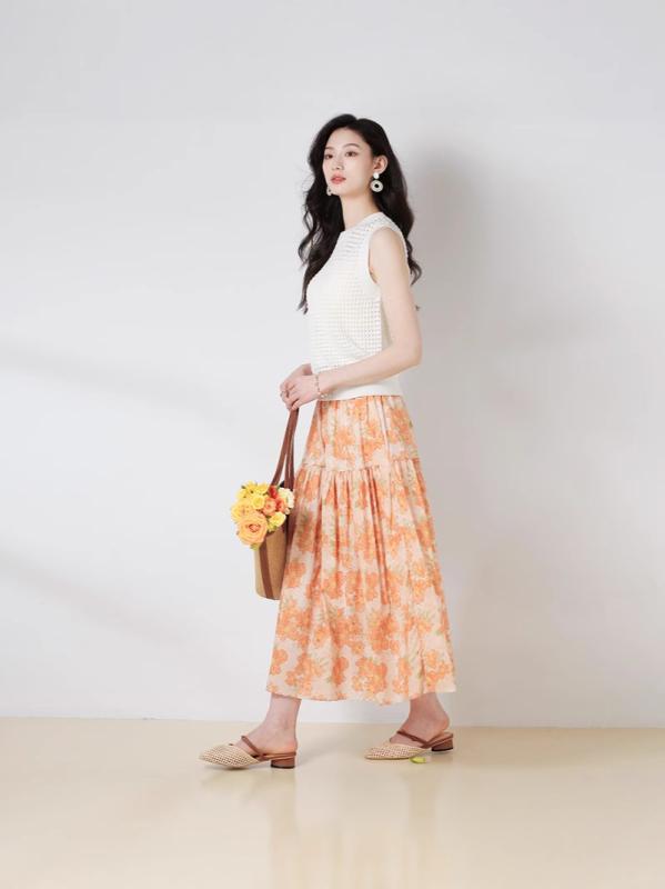 スカート レディース 春夏 小花柄 フレンチテイスト 上品 ミモレ丈 ハイウエスト Aラインフレアスカート 綿 プリント ブルー イエロー フリーサイズ 普段使い カジュアル