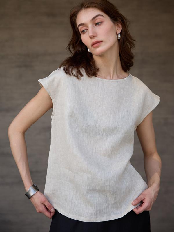 Tシャツ レディース 春夏 接触冷感 リネン 綿麻 半袖 フリル袖 丸首 ゆったり ルーズフィット 大きいサイズ 体型カバー シンプル ベーシック カットソー カジュアル 通勤