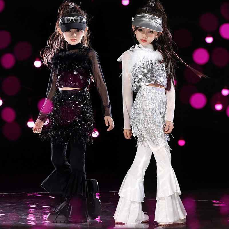 キッズ 女の子 ダンス衣装 ジャズダンス 韓国風 K-POP ガールズグループ スパンコール キラキラ 光沢 おしゃれ クール 発表会 ステージ 舞台 パフォーマンス