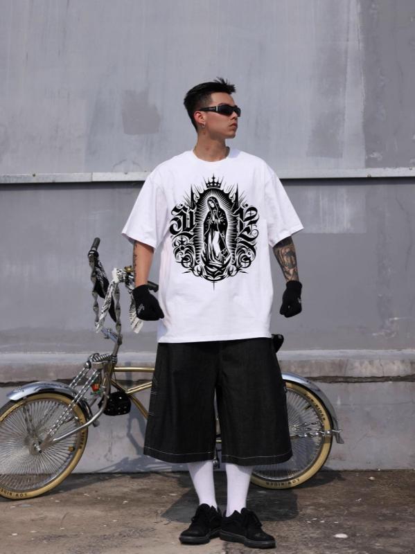 Tシャツ メンズ チカーノスタイル アメリカンストリート ビッグシルエット ゆったり ルーズフィット 半袖 ラウンドネック ドロップショルダー シルクスクリーン メキシカンモチーフプリント ポリエステル混紡 カジュアル 普段使い 夏 トップス