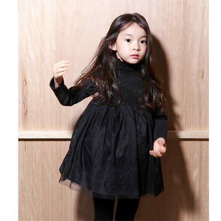 ワンピース 女の子 ジュニア 秋冬 韓国風 裏起毛 厚手 レース プリンセスドレス 切り替え 中綿入り 長袖 Aライン 綿素材 ドレッシー フォーマル 発表会 普段使い 黒