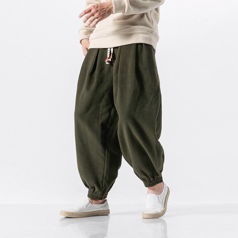 カジュアルパンツ メンズ 男性用 サルエル ドロップクロッチ ゆったり ルーズフィット 九分丈 厚手 保温性 暖かい 無地 綿混 メルトン調 普段使い デイリーユース 秋冬