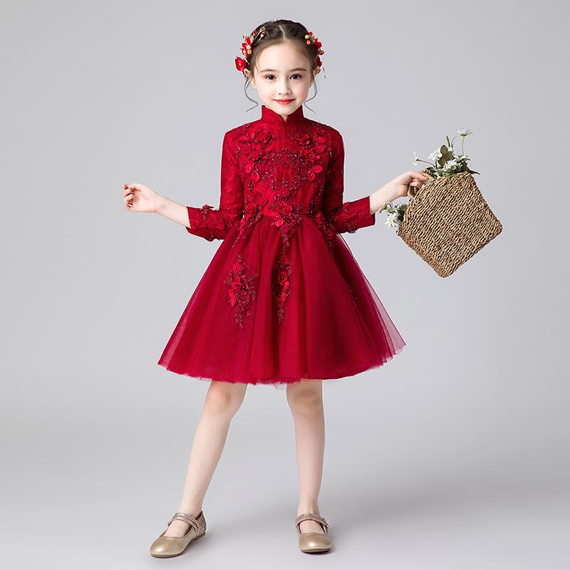 ドレス 女の子 ガールズ キッズ ワインレッド 長袖 プリンセス フォーマル チュール ボリューム 華やか 発表会 演奏会 結婚式 フラワーガール 記念撮影 セレモニー 舞台衣装 ポリエステル コットン