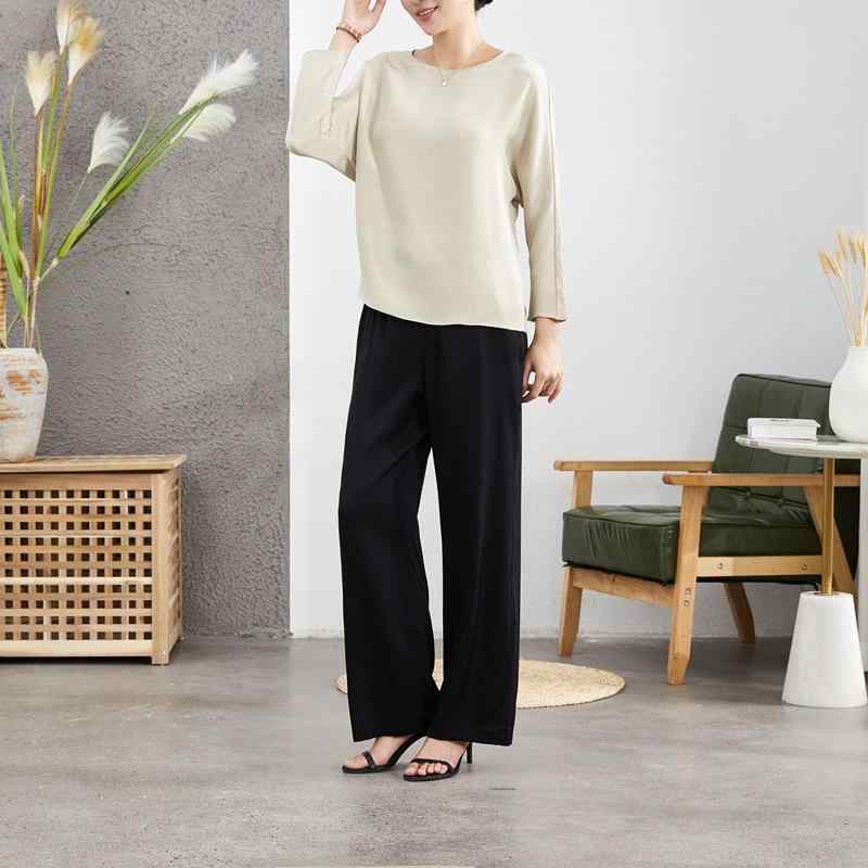 カジュアルパンツ レディース 女性用 桑蚕シルク クレープ 薄手 ストレート ワイドパンツ ゆったり ルーズ ロング丈 フルレングス ドレープ感 落ち感 ミドルウエスト ブラック 黒 春秋 通勤 普段使い フォーマル