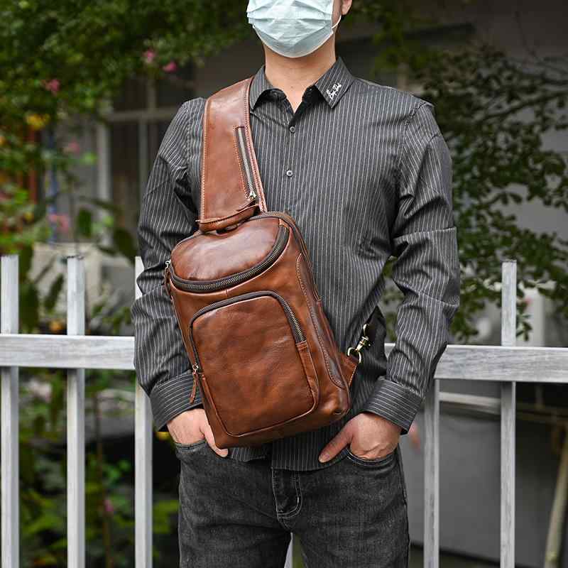 ボディバッグ メンズ 本革 牛革 クレイジーホースレザー ブラウン系 レトロ ヴィンテージ風 大容量 多機能 耐久性 シンプル カジュアル ワンショルダー 斜め掛け 普段使い 旅行 通勤