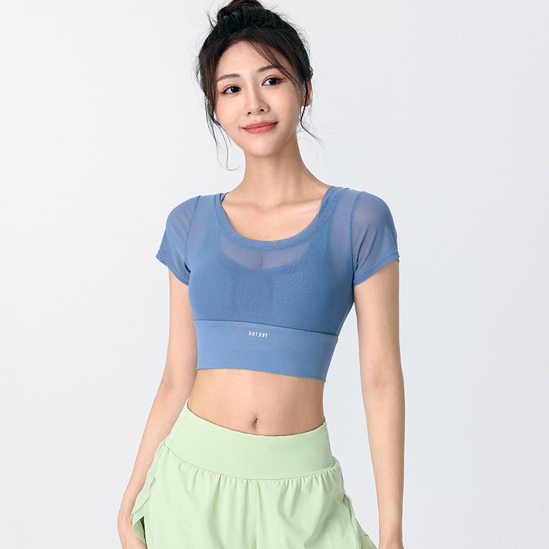 Tシャツ レディース カップ付き ヨガウェア ランニング ジョギング トレーニング フィットネス ジムウェア 吸汗速乾 通気性 ストレッチ フェイクレイヤード 美シルエット コンプレッション 半袖 ポリエステル 春夏秋