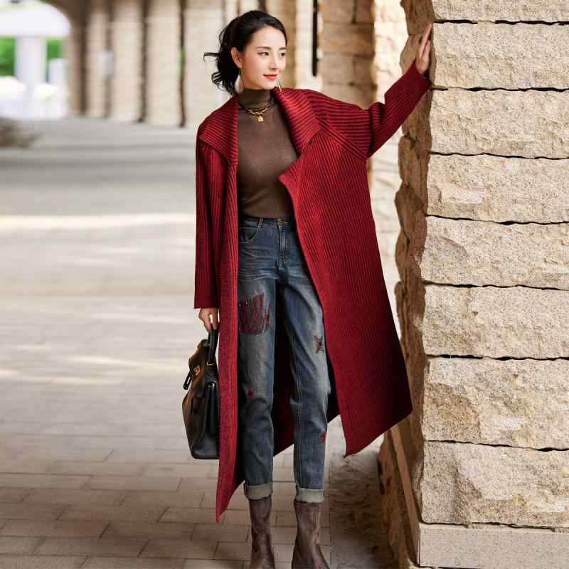 ニットコート レディース 女性用 秋冬 厚手 保温性 着痩せ ロング丈 ゆったり オーバーサイズ ストレッチ 伸縮 綿 アクリル混紡 カーディガン 羽織り きれいめ 通勤 上品 ワインレッド