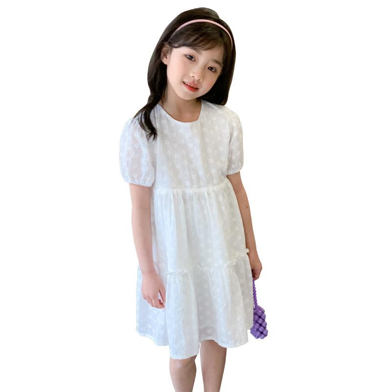 ワンピース 女の子 キッズ ジュニア 韓国風 水溶性レース 清楚系 プリンセスドレス 発表会 結婚式 フォーマル 夏 半袖 コットン 無地 ホワイト ガーリー