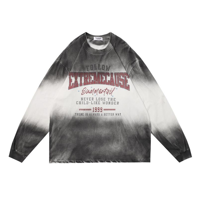 Tシャツ メンズ 長袖 グラデーション 英字プリント ビッグシルエット クルーネック アメカジ ストリート ヒップホップ 古着風 個性派デザイン 綿混 秋冬