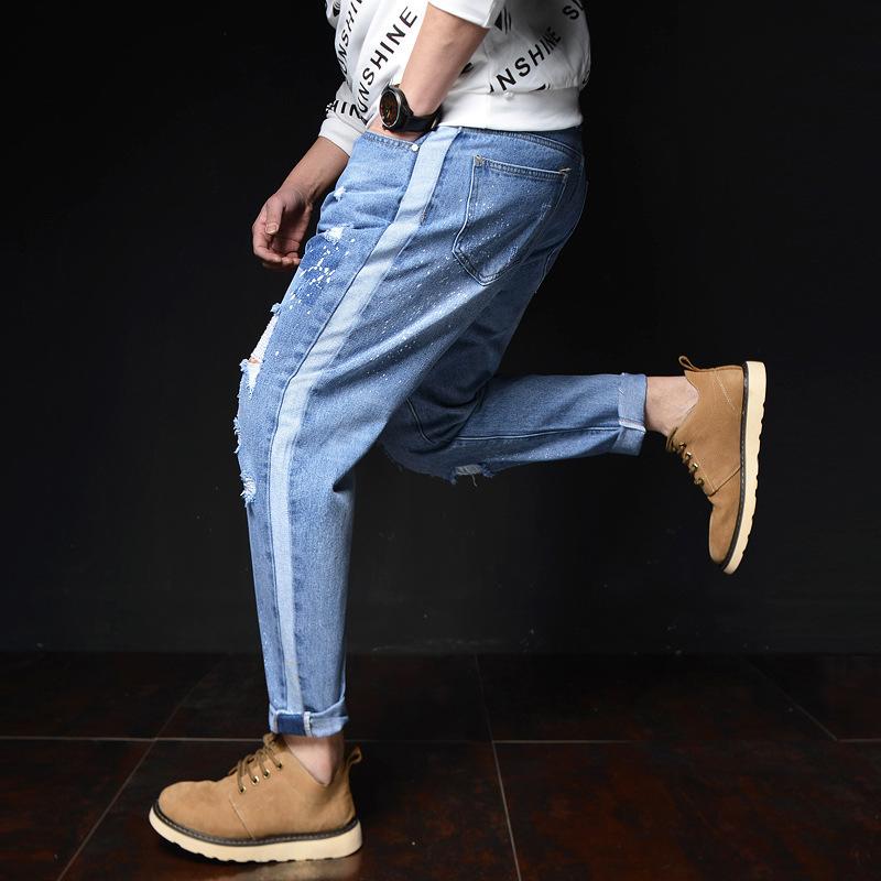 デニムパンツ メンズ 男性用 ハーレムパンツ サルエルパンツ ルーズフィット ゆったり 大きいサイズ ビッグサイズ ダメージ クラッシュ加工 ストレッチ 伸縮性 綿 コットン ウォッシュ加工 ライトブルー 切り替え テーパードパンツ カジュアル ストリー