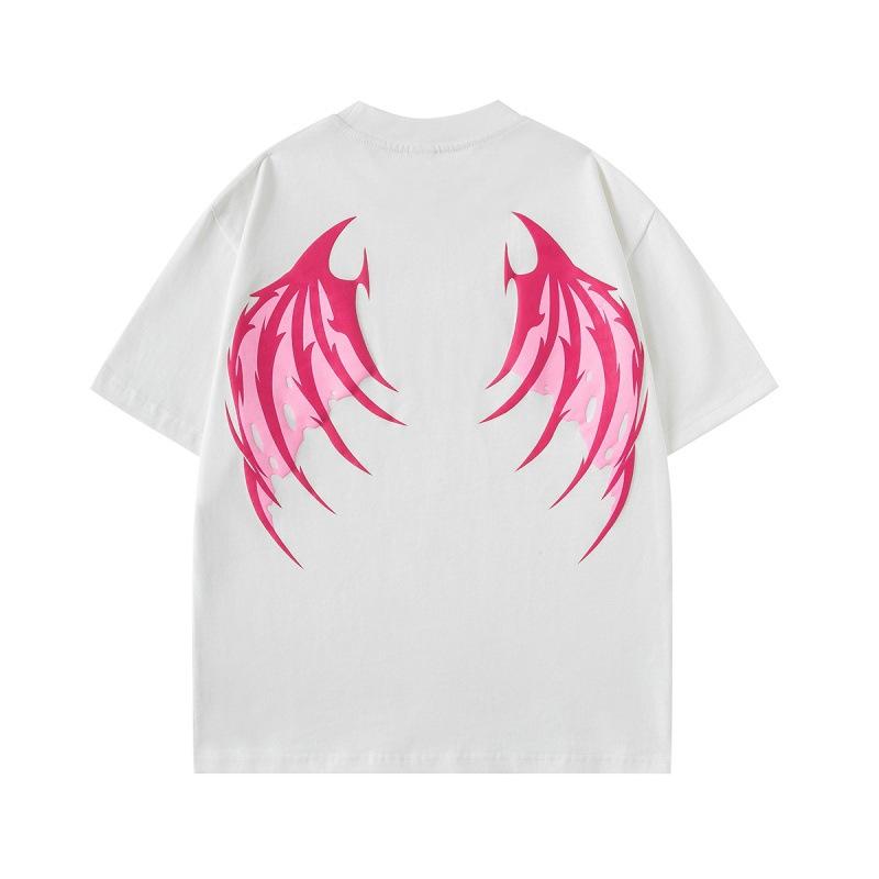 Tシャツ メンズ 男性用 トップス オーバーサイズ ビッグシルエット ゆったり デビルウィング 悪魔の羽 発泡プリント 泡プリント 五分袖 半端袖 ストリートファッション カジュアルスタイル 綿 コットン 丸首 クルーネック 吸汗速乾 春夏