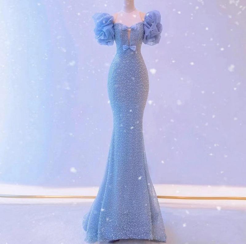 ドレス レディース ブルー ショートトレーン マーメイドライン スパンコール イブニング フォーマル お色直し 結婚式 二次会 演奏会 発表会 司会 上品 高級感 ロング丈 ウエストマーク ハイウエスト 半袖