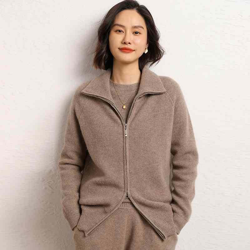 カーディガン レディース カシミヤ ショート丈 ゆったり オーバーサイズ ポロ襟 無地 ダブルジップ ニットアウター 秋冬 通勤 オフィス カジュアル きれいめ 高級感 長袖