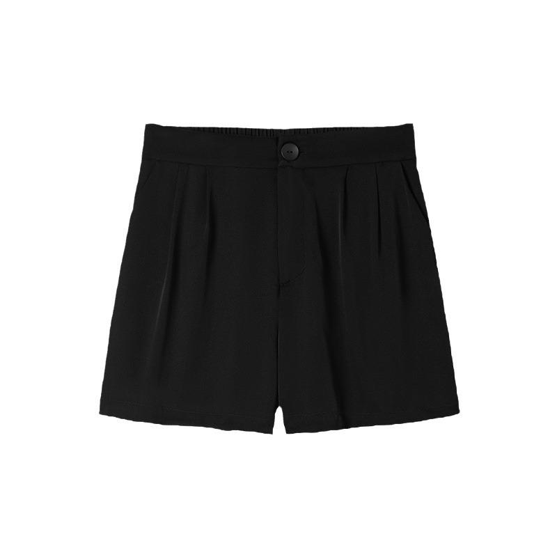 ショートパンツ レディース ハイウエスト ストレート ゆったり シルク 桑蚕シルク ブラック 春夏 通勤 オフィス ウエストゴム 薄手 軽量 ストレッチ 快適 きれいめ ポケット付き