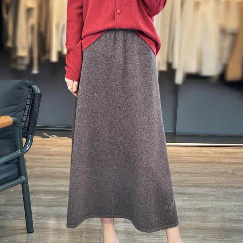 スカート Aライン ハイウエスト ウール ニット 刺しゅう 花柄 ロング丈 膝下丈 ゆったり 伸縮性 カジュアル 普段使い 上品 秋冬