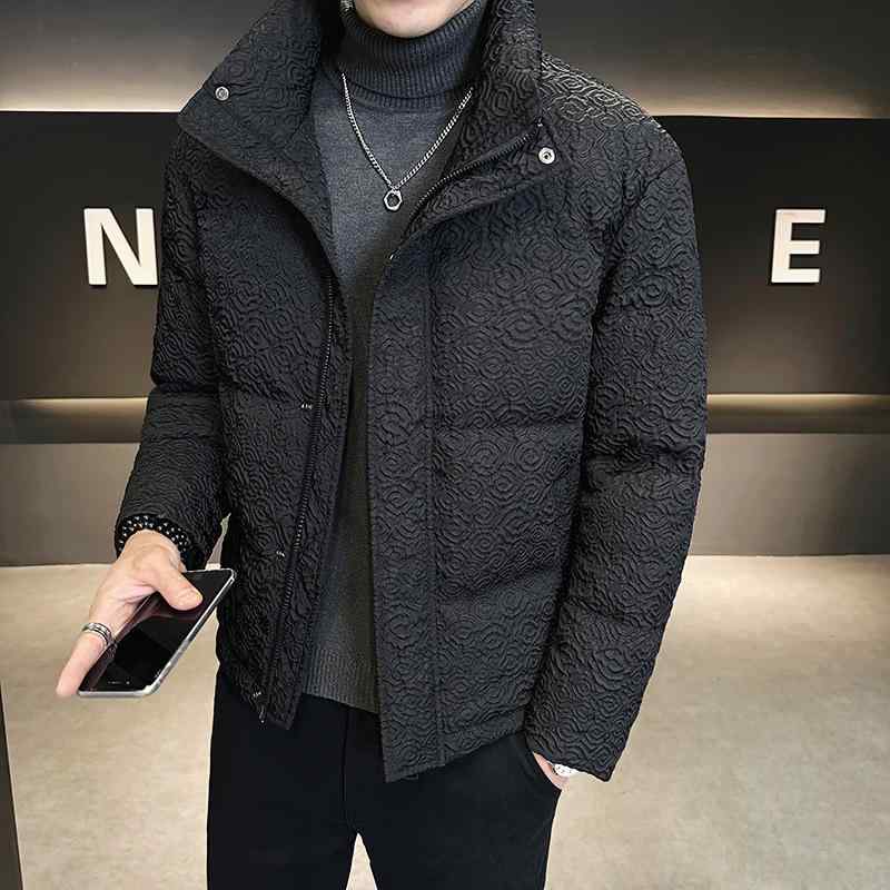 ダウンジャケット メンズ 男性用 スタンドカラー エンボス プリーツ 保温 防寒 極暖 ホワイトダックダウン アウター カジュアル 韓国風 秋冬 大きいサイズ タウンユース ブラック
