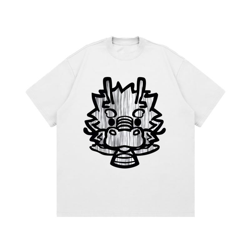 Tシャツ メンズ 中華風 ドラゴン柄 プリント アメリカンデザイン ヘビーウェイト 厚手 コットン 高通気性 防シワ クルーネック ドロップショルダー ゆったり オーバーサイズ 半袖 カジュアル ストリート 春夏秋