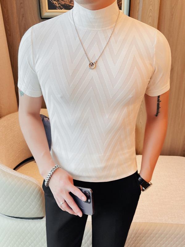 Tシャツ 男性用 ハーフネック 半袖 接触冷感 高ストレッチ スリムフィット ポリエステル カットソー きれいめ 大人カジュアル 春夏