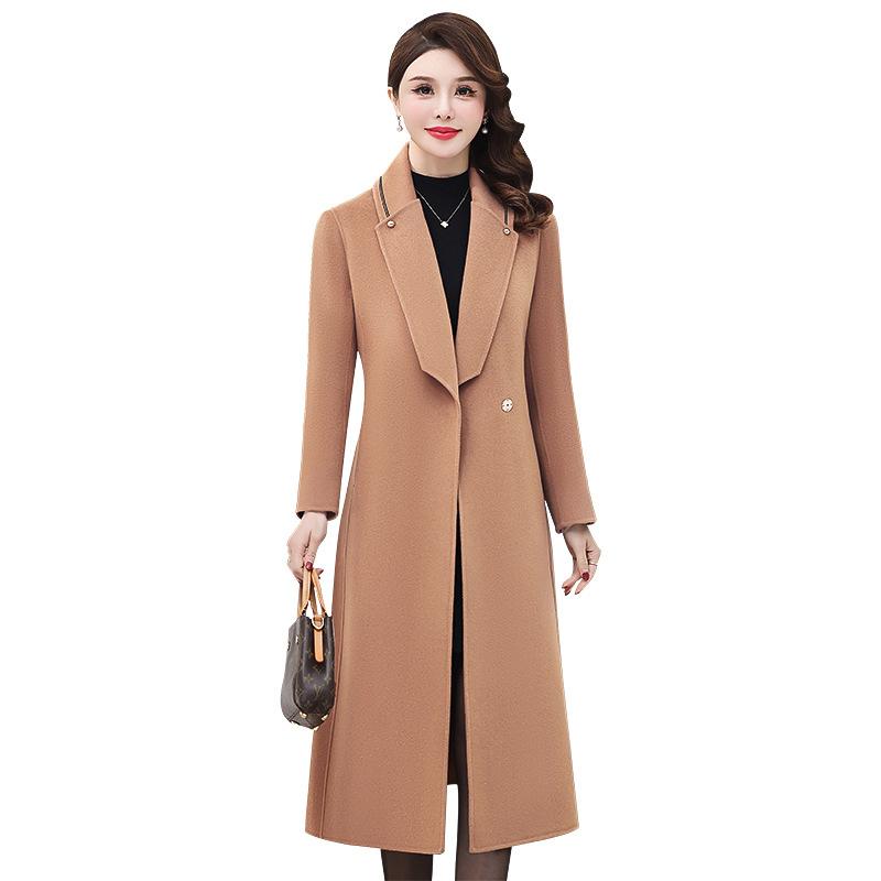 コート レディース ママ向け 秋冬 カシミヤ ウール ロング丈 スリムフィット テーラードカラー ポケット付き 切り替え 上品 エレガント 通勤 ビジネス キャメル ブラック ワインレッド 厚手