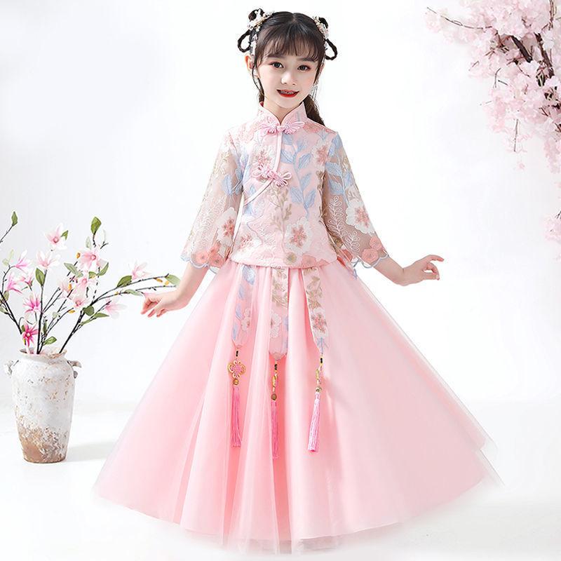 ワンピース 女の子 キッズ ジュニア チャイナドレス風 漢服 唐装 古風 プリンセスドレス 花柄 レトロ風 民族衣装 中華服 コットン裏地 ポリエステル素材 春秋 発表会 イベント 衣装