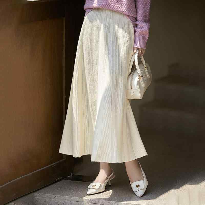 スカート レディース 秋冬 ウール混 Aライン フレアスカート ロング丈 膝下 ウエストゴム ラメ ゆったり 高見え カジュアル 通勤 オフィス 着回し ストレッチ オフホワイト ベージュ ブラック