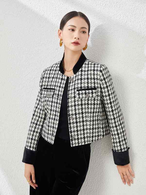 アウター レディース 秋冬 千鳥格子 ツイード風 メルトン ウール混 厚手 ショート丈 スリムフィット ポロ襟 切り替え フレンチレトロ 上品 大人カジュアル ジャケット