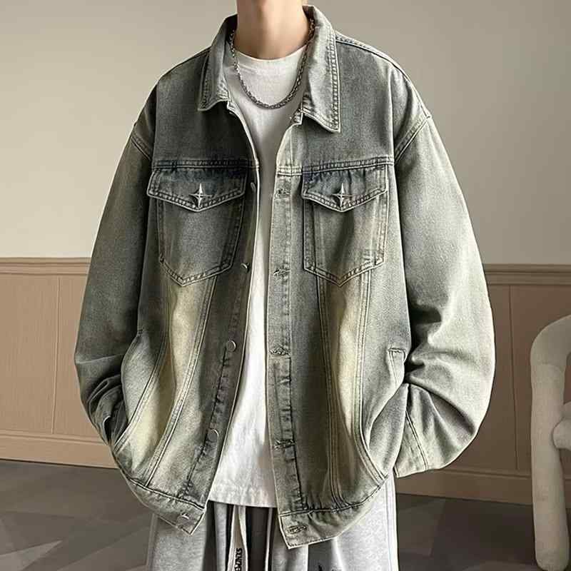 Gジャン メンズ デニムジャケット 男性用 春秋 襟付き シングルボタン ゆったり ルーズフィット オーバーサイズ クール ワイルド アメカジ ストリート ファッション カジュアル 長袖 コットン混紡 アウター ブルゾン