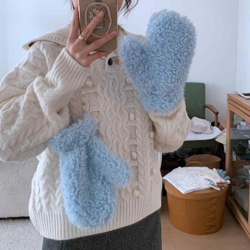 手袋 レディース 韓国風 大人かわいい フルフィンガー 裏ボア モコモコ 厚手 ストラップ付き 防風 防寒 保温 冬 スキー サイクリング 通勤 通学 イエロー ピンク ポリエステル