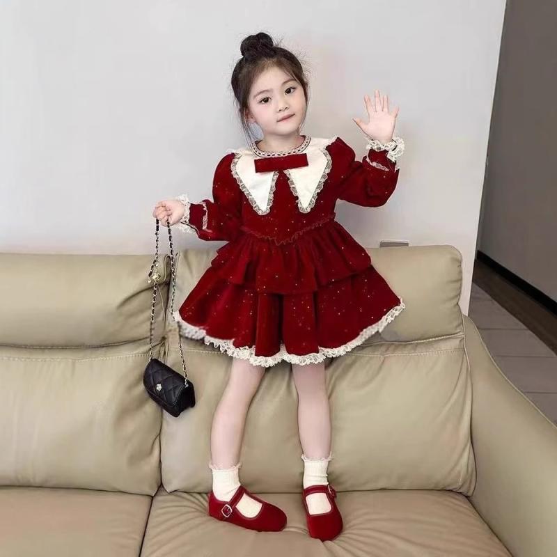 ドレス キッズ 女の子 クリスマス 新年 秋冬 フォーマル プリンセス ラメ レッド 豪華 お呼ばれ パーティー 発表会 長袖 ポリエステル素材 上品 記念日 幼児 小学生 女児用