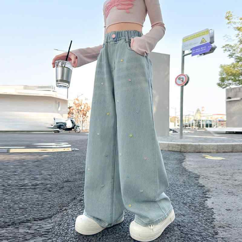 デニムパンツ 女の子 ジュニア 春秋 カラフル 小花柄 ブルー ワイドパンツ ミドルウエスト おしゃれ カジュアル 普段使い スポーツ 運動 柔らか コットン ジーンズ