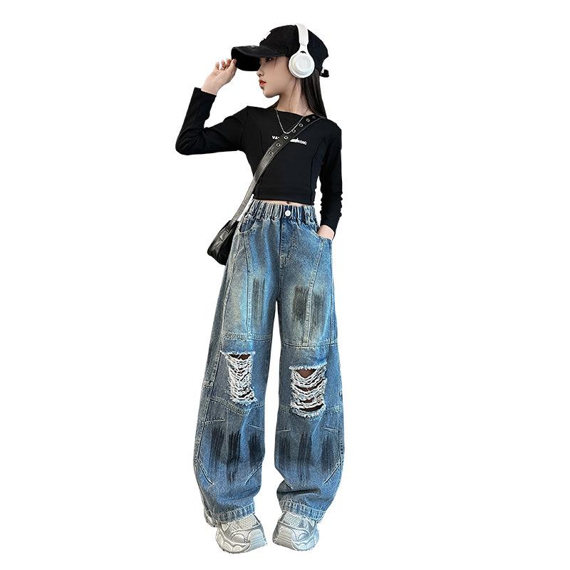 キッズパンツ 女の子 ジュニア デニム ジーンズ ダメージ加工 ストレート ワイド ルーズ ゆったり ハイウエスト コットン アメカジ ストリート カジュアル 春秋