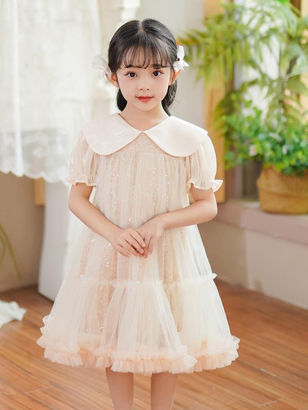 ワンピース 女の子 チュチュドレス プリンセス ティアード 襟付き 夏 かわいい お出かけ 発表会 シャンパンカラー クリアランスセール