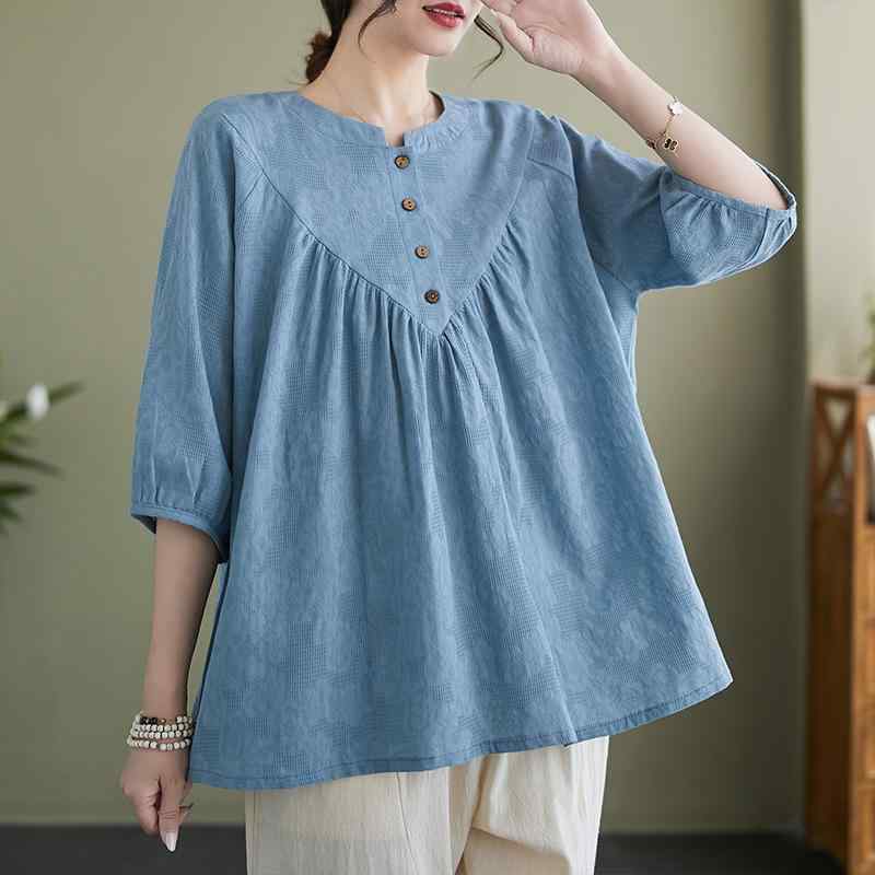 トップス レディース ママ ミセス 春夏 Tシャツ カットソー 綿麻 7分袖 ゆったり 大きいサイズ 体型カバー おしゃれ カジュアル スタンドカラー ラグランスリーブ