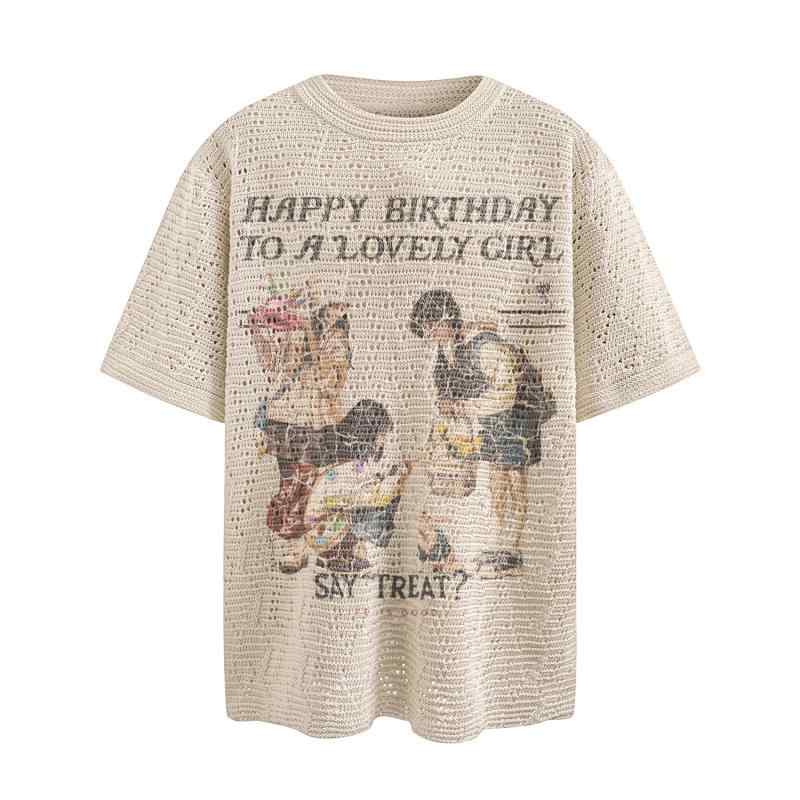 Tシャツ ユニセックス ストリート系 アメリカン カジュアル カートゥーン キャラクター プリント 半袖 クルーネック ルーズフィット ゆったり ポリエステル 春夏 カーキ