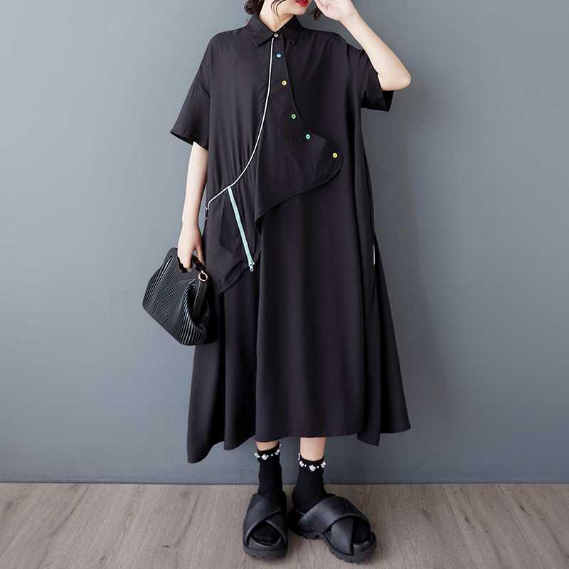 ワンピース レディース 春夏 ブラック ダーク ゴシックレトロ 重ね着風 切り替え Aライン ポロ襟 半袖 ロング丈 綿麻 ポリエステル 着痩せ 大きいサイズ ゆったり ドレス