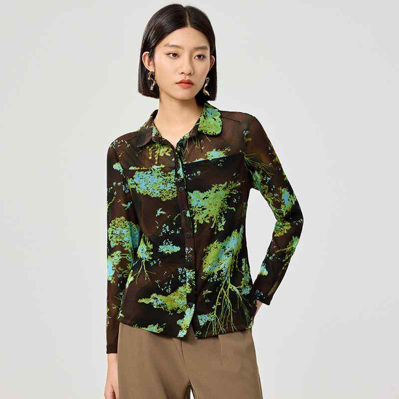 ブラウス レディース フレンチシック 植物花柄プリント UVカット 長袖 高級感 きれいめ ウエストシェイプ 大人カジュアル 通勤 オフィス 上品 接触冷感 薄手 春夏 グリーン｜ふんわり暮らし鞄店