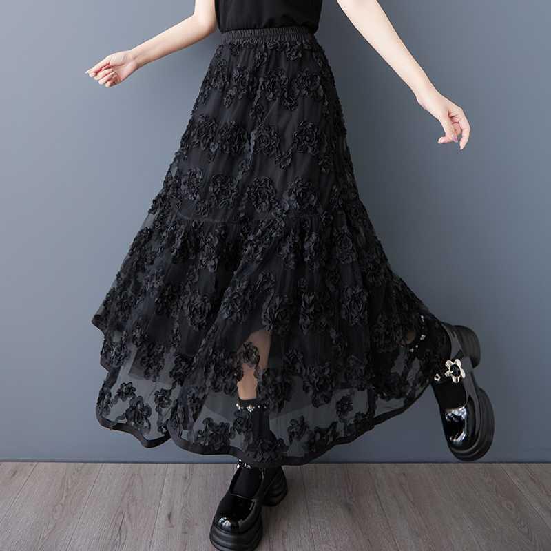 スカート レディース 春夏 ゆったり 大きいサイズ レトロ ハイウエスト 細見え チュール 透かし編み 花柄 Aライン 無地 ポリエステル ブラック エレガント