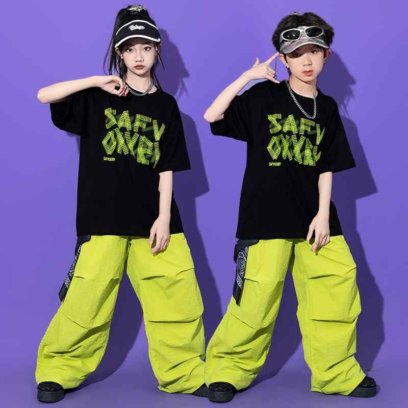 衣装 キッズ 男の子 女の子 ストリート ヒップホップ ジャズ 発表会 ステージ レッスン ドラム コットン 綿 速乾性 緑 黒 カーゴパンツ ジュニア