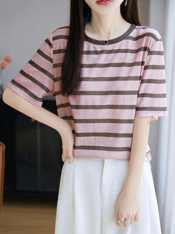ニット セーター Tシャツ カットソー レディース ラウンドネック 丸首 5分袖 配色 切り替え ストライプ ボーダー プルオーバー ゆったり オーバーサイズ 木綿 コットン 春夏 通勤 オフィス カジュアル 普段使い ピンク ブルー