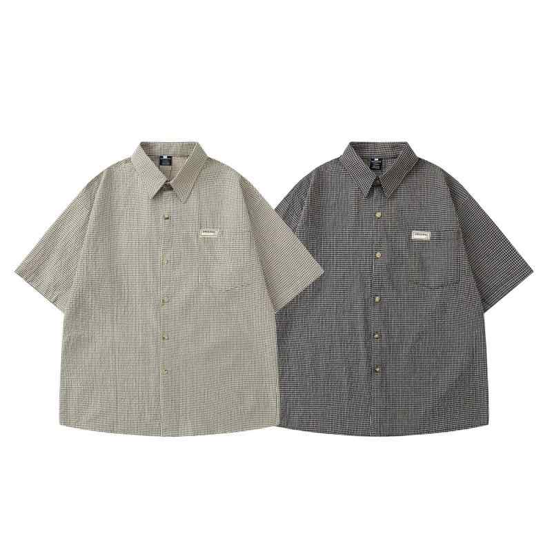 シャツ メンズ レディース 半袖 日系 レトロ 古着風 カジュアル チェック柄 ポケット付き ゆったり オーバーサイズ コットン カップル ペアルック 羽織り 春夏 ブラック イエロー