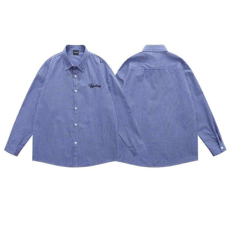 シャツ メンズ アメカジ ロゴ刺繍 ブルーチェック柄 長袖 綿 コットン ルーズフィット オーバーサイズ 春秋 普段着 ストリート 通学 着回し カジュアル ユニセックス
